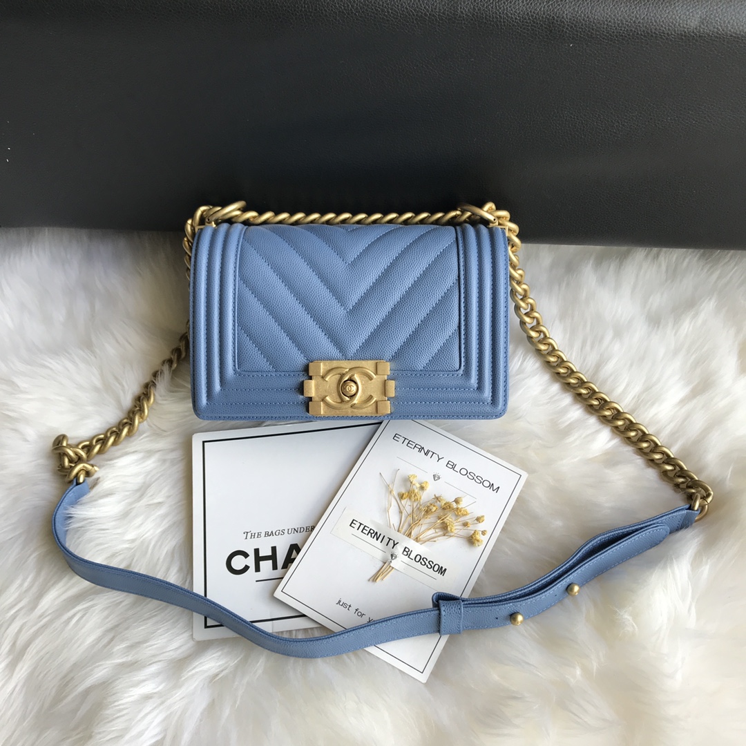 Caviar Small Boy Handbag Flap Bag A67085 Blue/Gold